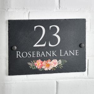 Slate House Sign Rustic Door Number Plaque Country Rose 30cm x 20cm