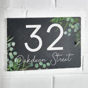 Slate House Sign Rustic Door Number Plaque Eucalyptus Leaf 30cm x 20cm